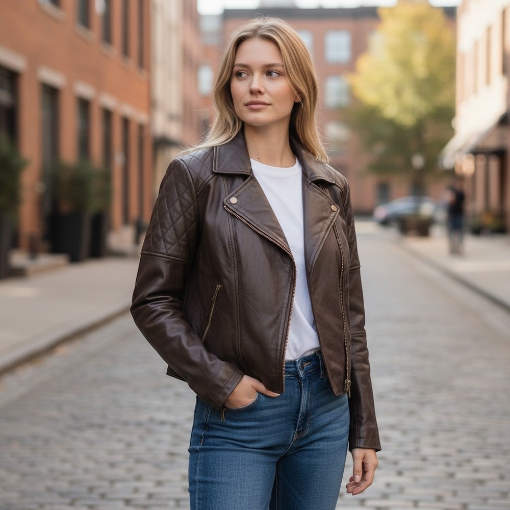 Mason & Cooper New York Brown Leather Moto Jacket Quilted Biker Coat Womens 4XL